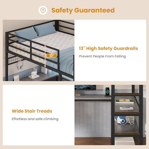 Loft Bed Full Size with U-Shaped Desk, Storage Drawers, Power Outlet, LED, Safety Guardrail & Ladders P611917