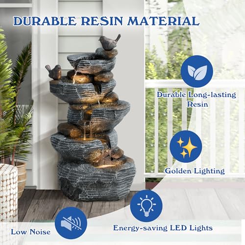 5-Tier Cascading Rock Water Fountain Outdoor Garden with Lights N292007