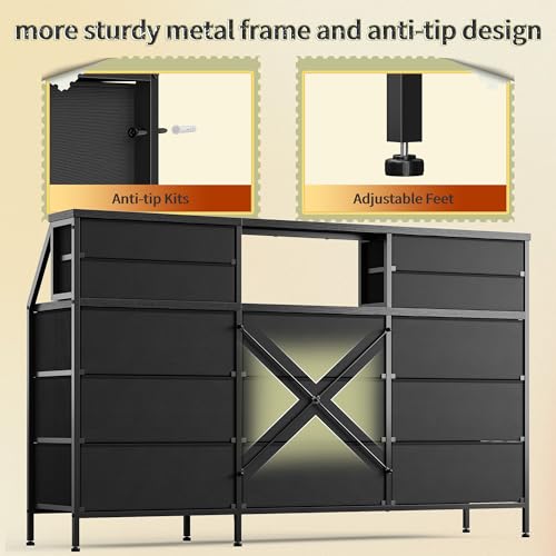 55" Dresser with 13 Fabric Drawers and 2 Open Shelves, Rustic Brown K688