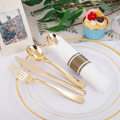 350PCS Clear Gold Plastic Dinnerware Set for 50 Guests, Disposable Plates, Cups & Silverware N692