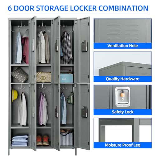 6 Door Metal Storage Locker with 18 Hooks, Black & Dark Grey K6611