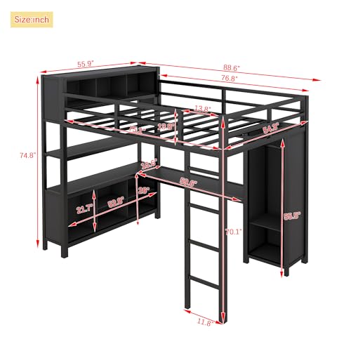 Metal Loft Bed with Wardrobe and L-Shaped Desk, Full Size with Storage Cubes and Shelves J450846