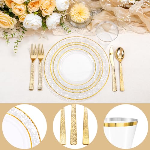 350PCS Clear Plastic Plates with Gold Trim for 50 Guests, Disposable Dinnerware Set O686017