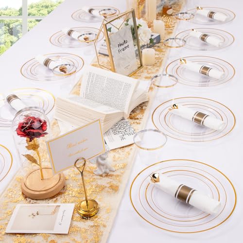 350PCS Clear Gold Plastic Dinnerware Set for 50 Guests, Disposable Plates, Cups & Silverware N692