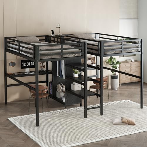Metal Loft Bed with Wardrobe and L-Shaped Desk, Full Size with Storage Cubes and Shelves J450846