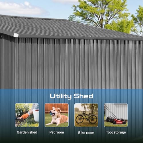 10 x 8 ft Outdoor Storage Shed, Metal Building with Windows and Lockable Doors, Grey Q206