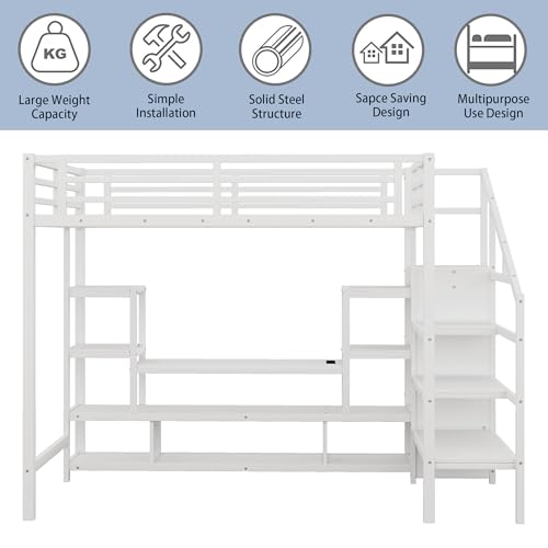 Queen Loft Bed with L-Shaped Desk and Stairs, Metal Frame, Black F92113