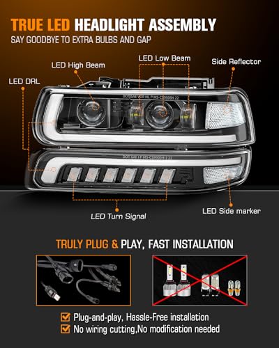 LED Headlights Assembly with Sequential Turn Signal for 1999-2006 Chevy Silverado Suburban Tahoe H92291
