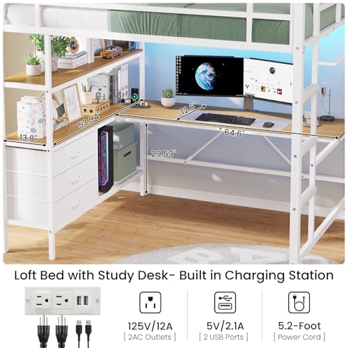 Loft Bed Full Size with L-Shaped Desk and Charging Station G796
