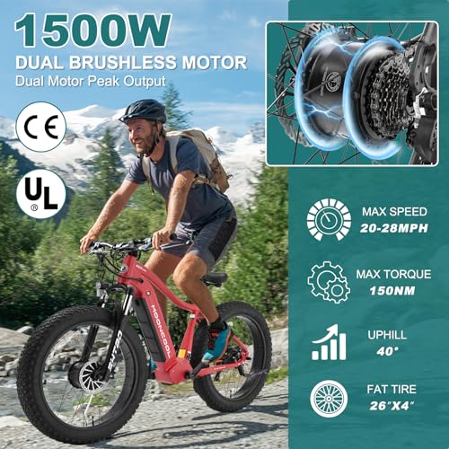Electric Bike for Adults, 26" Fat Tire, 48V 15Ah Removable Battery W2070