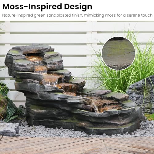 37" Outdoor Garden Water Fountain, 5-Tier Rock Waterfall with LED Lights H197