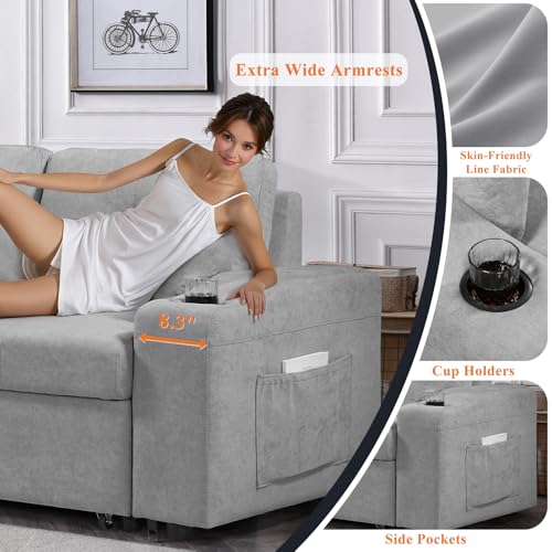 Reversible Sectional Sofa Bed with Storage Chaise, Linen Fabric, Light Gray B49418