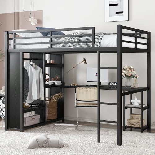 Metal Loft Bed with Wardrobe and L-Shaped Desk, Full Size with Storage Cubes and Shelves J450846