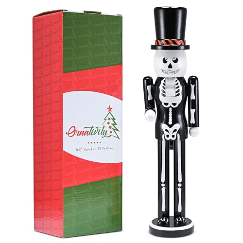 Skeleton Nutcracker Figure with Top Hat, Black and White Wooden Christmas Halloween Decor 15" O46743