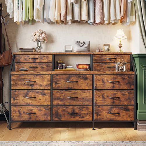 55" Dresser with 13 Fabric Drawers and 2 Open Shelves, Rustic Brown K688