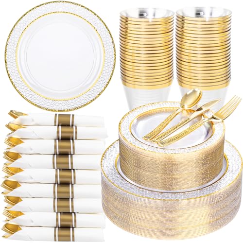 350PCS Clear Plastic Plates with Gold Trim for 50 Guests, Disposable Dinnerware Set O686017