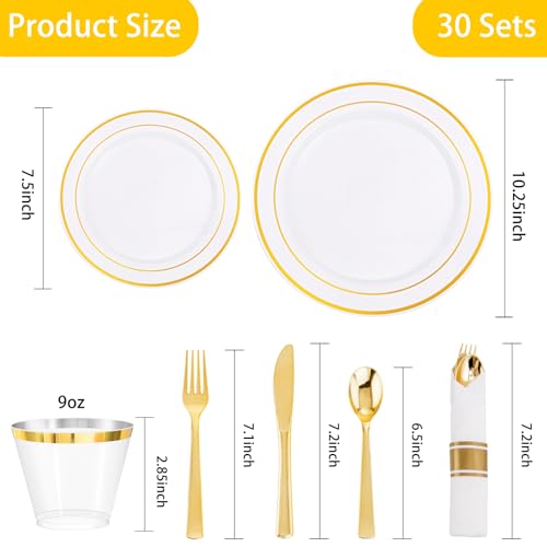 350PCS Clear Gold Plastic Dinnerware Set for 50 Guests, Disposable Plates, Cups & Silverware N692