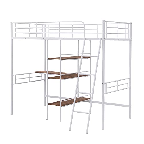Full Loft Bed with Desk, Storage Shelves, and Wardrobe, Heavy-Duty Frame, Black K6320