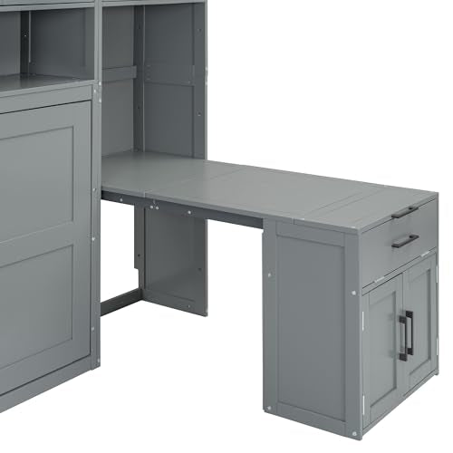 Wall Bed with Storage Cabinet and Desk, Folding Frame for Guestroom, Grey K678830