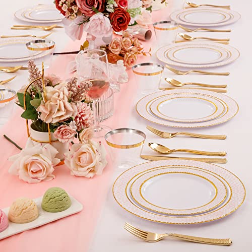 350PCS Clear Plastic Plates with Gold Trim for 50 Guests, Disposable Dinnerware Set O686017