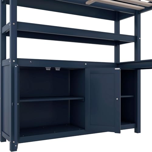 Full Size Loft Bed with Wardrobe and L-Shaped Desk, Metal with Storage Cubes, White Q15057