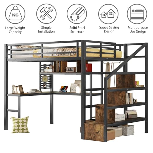 Queen Loft Bed with L-Shaped Desk and Stairs, Metal Frame, Black F92113
