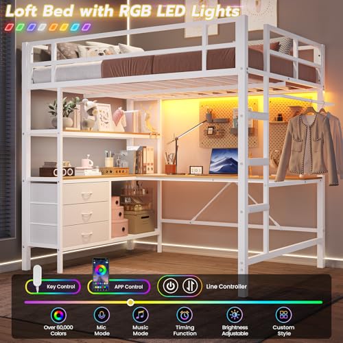 Loft Bed Full Size with L-Shaped Desk and Charging Station G796