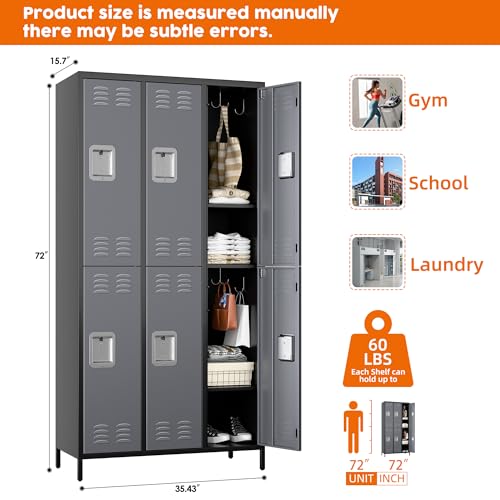 6 Door Metal Storage Locker with 18 Hooks, Black & Dark Grey K6611