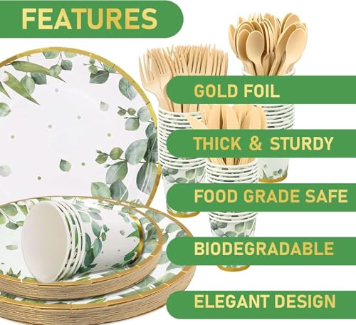 350 Pcs Sage Green Disposable Paper Plates and Cups Set for Party Q1101