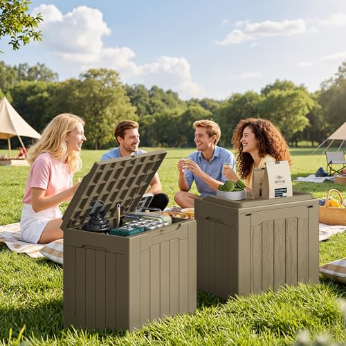 31 Gallon Resin Deck Box Waterproof Indoor Outdoor Storage for Patio Cushions and Garden Tools L90121