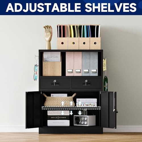 Locking Cabinet with 2 Drawers, Metal Storage Cabinet with Locking Doors and Shelves J89434