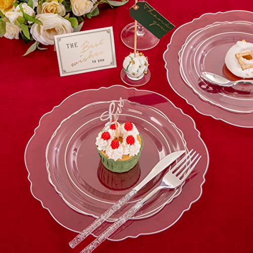 350PCS Clear Plastic Plates with Gold Trim for 50 Guests, Disposable Dinnerware Set O686017