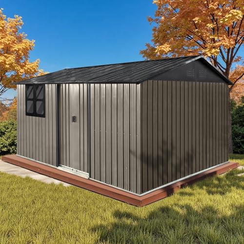 10 x 8 ft Outdoor Storage Shed, Metal Building with Windows and Lockable Doors, Grey Q206