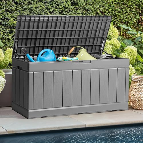 31 Gallon Resin Deck Box Waterproof Indoor Outdoor Storage for Patio Cushions and Garden Tools L90121