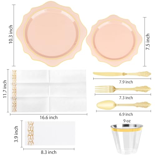 350 PCS Gold Plastic Plates with Cups, Silverware and Napkins for Party L8169