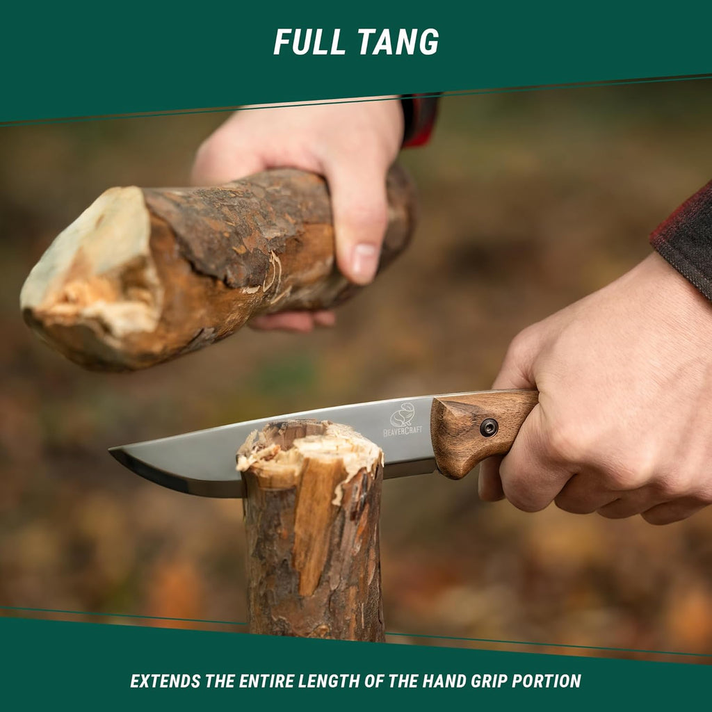 Bushcraft Knife Fixed Blade with Leather Sheath, Full Tang Carbon Steel Camping Knife E843419