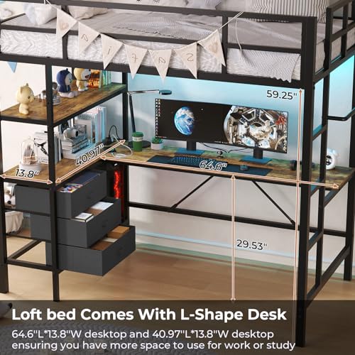 Loft Bed Full Size with L-Shaped Desk and Charging Station G796