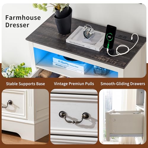6-Drawer Dresser with Charging Station and LED Light, Vintage Gray R907