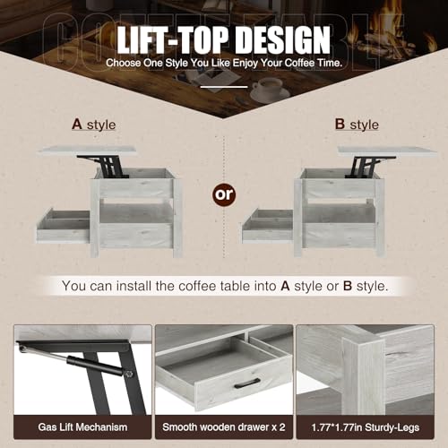 Lift Top Coffee Table with Drawers and Hidden Compartment, Wooden Retro Design for Living Room N4328