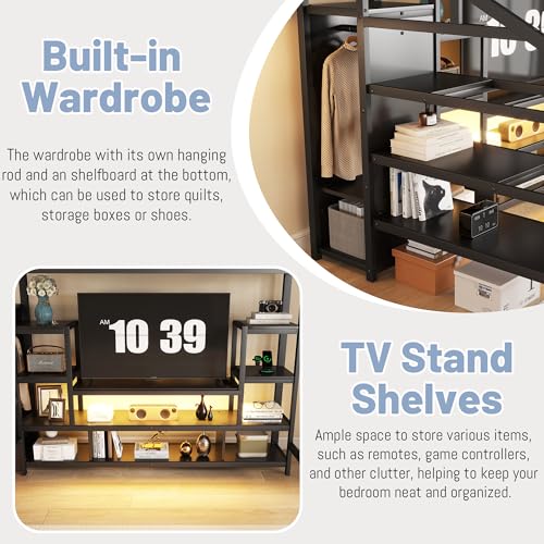 Queen Loft Bed with L-Shaped Desk and Stairs, Metal Frame, Black F92113
