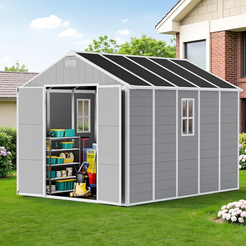 Resin Outdoor Storage Shed with Floor and Window, Lockable Small Tool Shed for Garden Patio Backyard, Light Gray V985