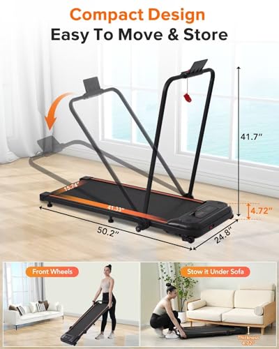 Walking Pad with Handle Bar, 2 in 1 Under Desk Treadmill, Folding Electric Walking Jogging Machine for Home Office M44066