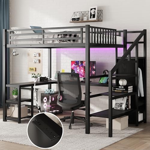 Queen Loft Bed with L-Shaped Desk and Stairs, Metal Frame, Black F92113