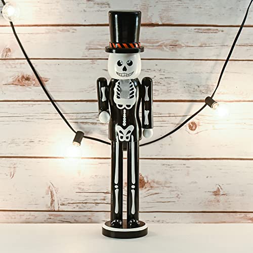 Skeleton Nutcracker Figure with Top Hat, Black and White Wooden Christmas Halloween Decor 15" O46743