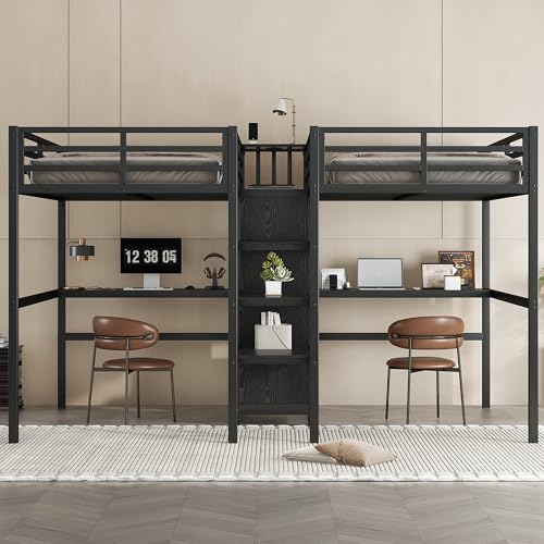 Metal Loft Bed with Wardrobe and L-Shaped Desk, Full Size with Storage Cubes and Shelves J450846