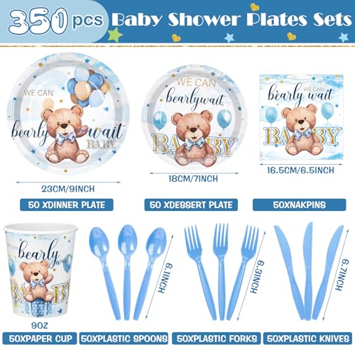 405 Pcs Baby Shower Tableware Set Blue Bear Plates Napkins Cups for 50 Guests U833