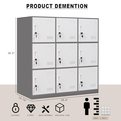Steel Locker Organizer, 9-Door Locking Cabinet, Grey & White P6906