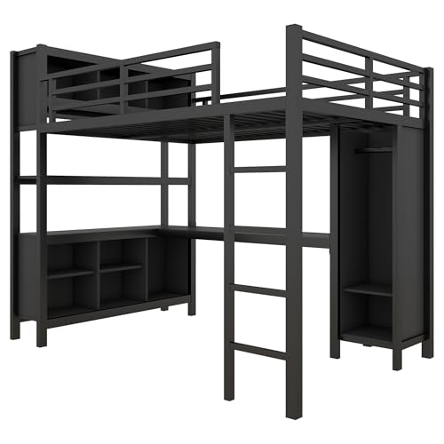 Full Loft Bed with Desk, Storage Shelves, and Wardrobe, Heavy-Duty Frame, Black K6320