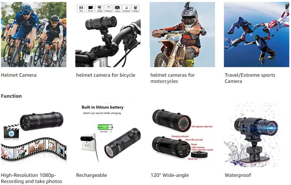 Bicycle Helmet Camera, HD 1080P Sports Action Camera, Waterproof, with 32G SD Card U3737