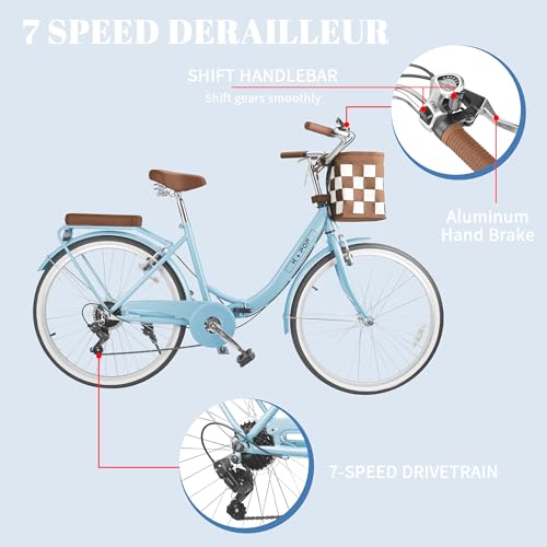 Foldable 26-Inch Beach Cruiser Bike with Front Basket, 7-Speed D209